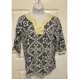 Larsen Gray Women's Size Large Black White Tunic Top Blouse Shirt Boho‎ Paisley